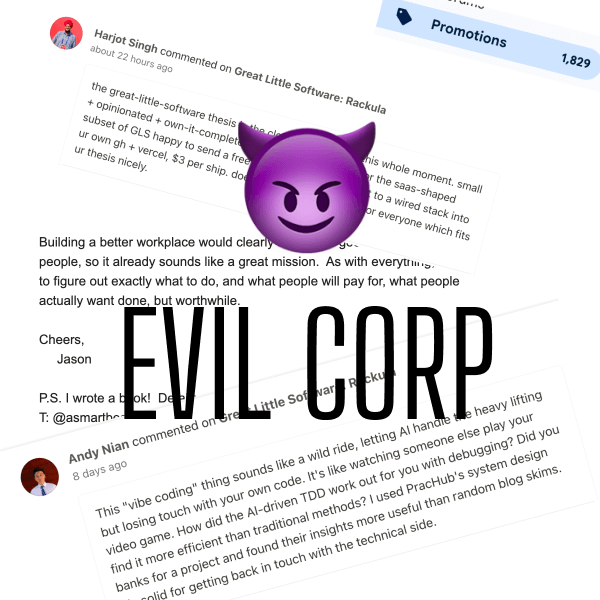 π EvilCorp fictional logo stamped over commercials varying from AI slop to thoughtful messages with push to buy a book and a Promotion tag from mail counting 1829 unread emails