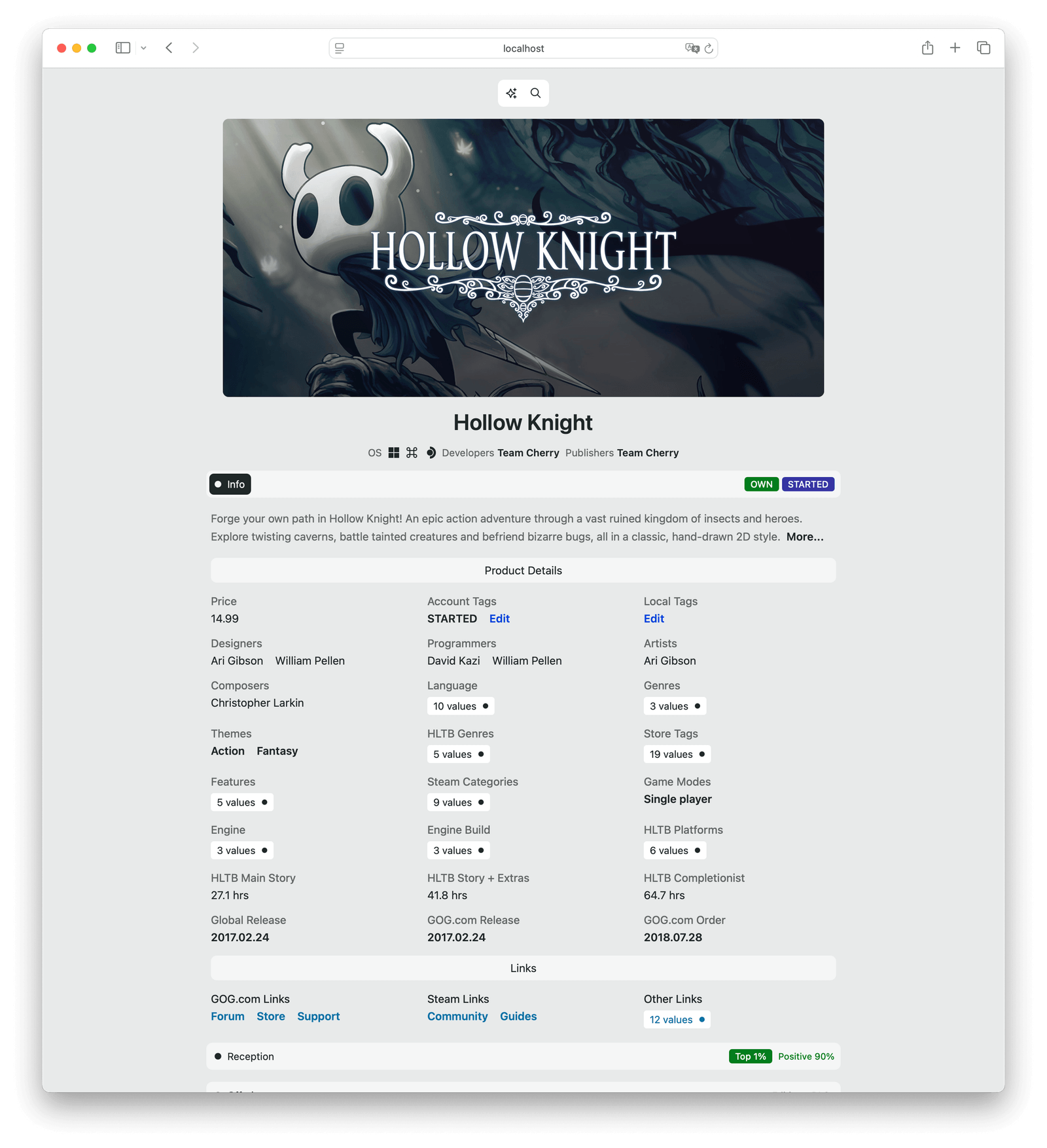 Game Hollow Knight page running on localhost with metadata about developers, designers, composers and artists that created it, alongside with the genres, categories and features. Labeled OWN and STARTED